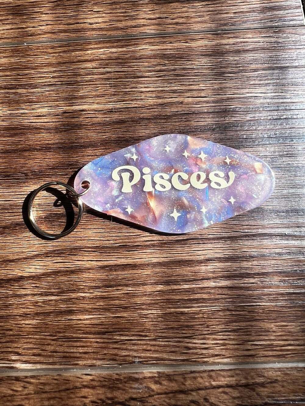 Pisces Zodiac Astrology Resin Sparkly Motel Key Tag Keychain